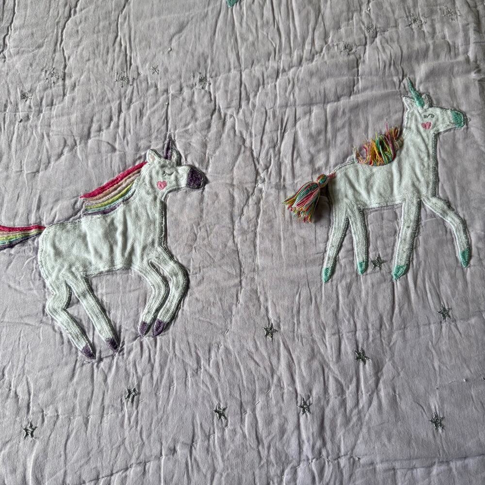 Pottery Barn Kids Rainbow Unicorn Quilt Lavender Purple Full/Queen Size‎ *Stain*